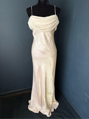 Dollar Ivory Cream Satin Maxi Dress with Draped Cowl Neck